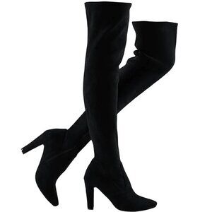 Shoe'N Tale Womens Size 39 Suede Pointed Chunky Heels Thigh High Boots Black NWT